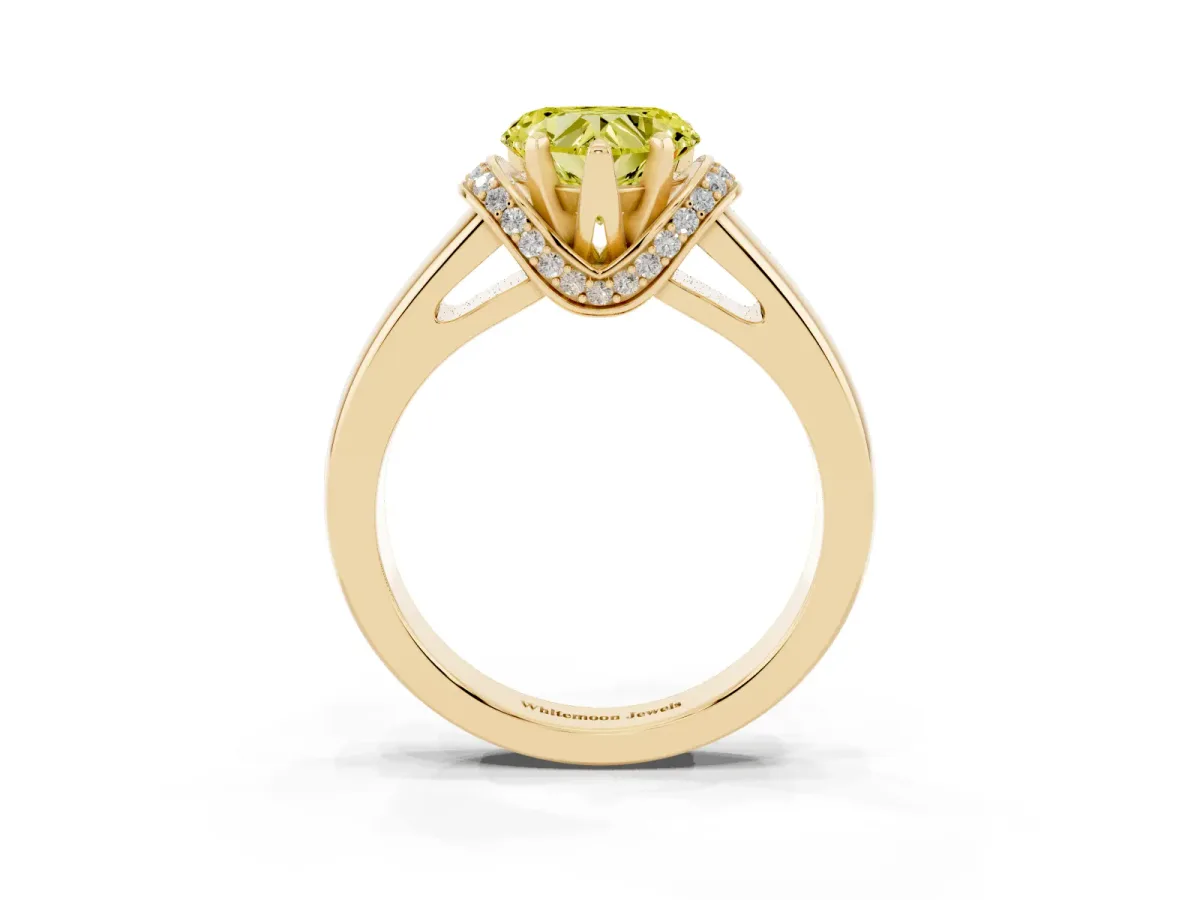 Fancy Yellow Heart Cut Solitaire Diamond Ring with Pave Band and Six-Prong Setting Yellow gold