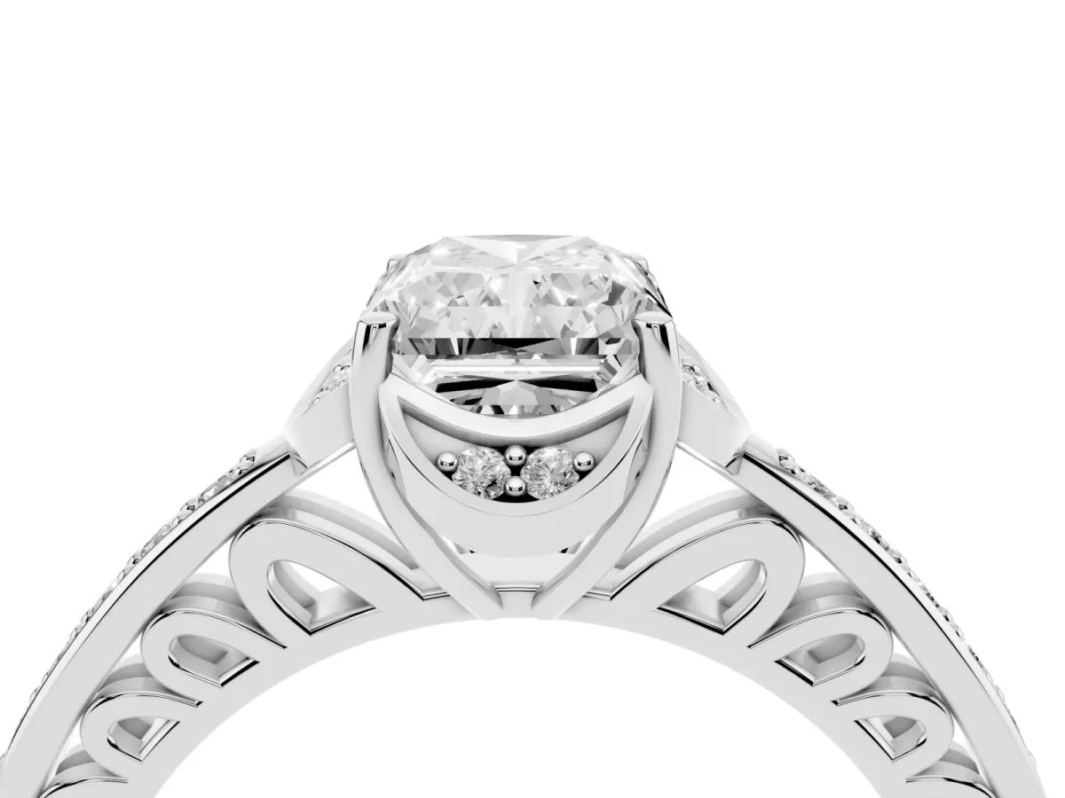 Radiant Cut Cut Halo Diamond Ring with Channel Set Band and Four-Prong Setting White gold