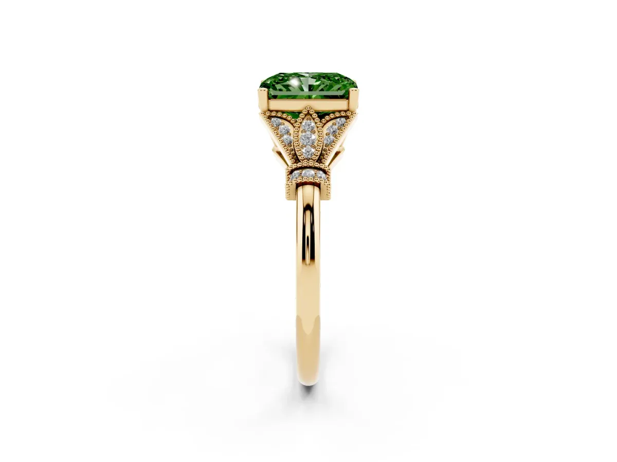 Fancy Green Radiant Cut Diamond Solitaire Ring with Floral Filigree and Pave Accents Yellow gold