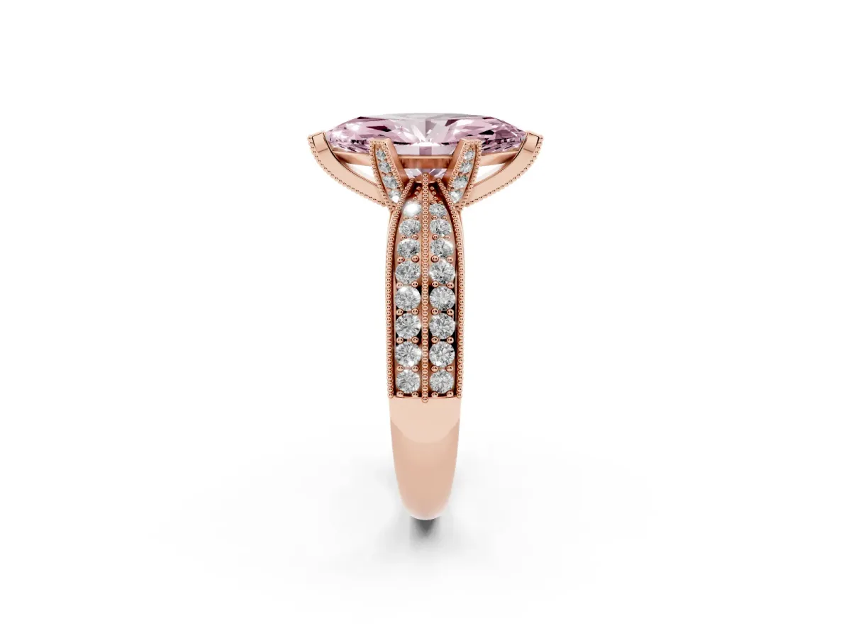 Fancy Pink Marquise Cut Diamond Solitaire Ring with Milgrain Round Pavé Band and Prong Setting Rose gold