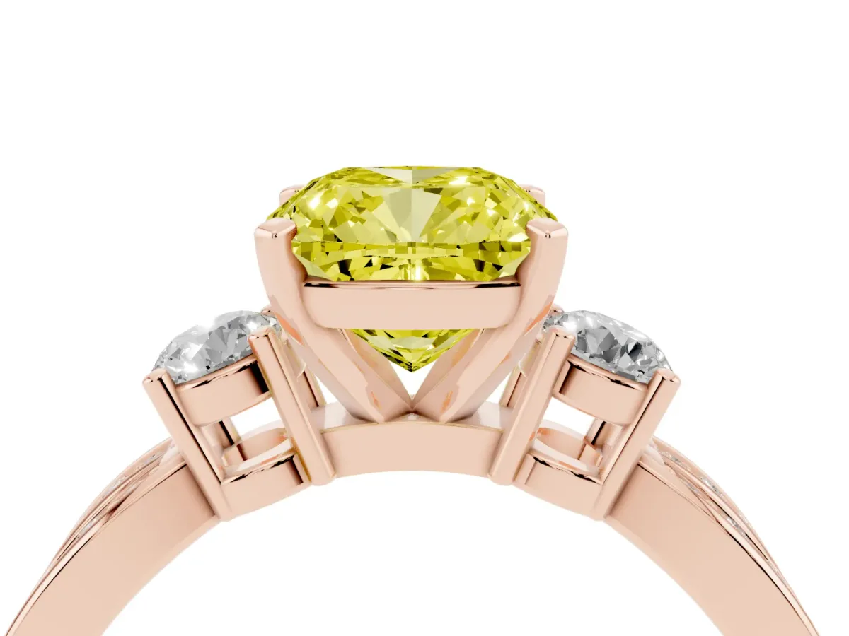 Fancy Yellow Three-Stone Cushion Cut Cut Diamond Twist Band with Prong Setting Rose gold