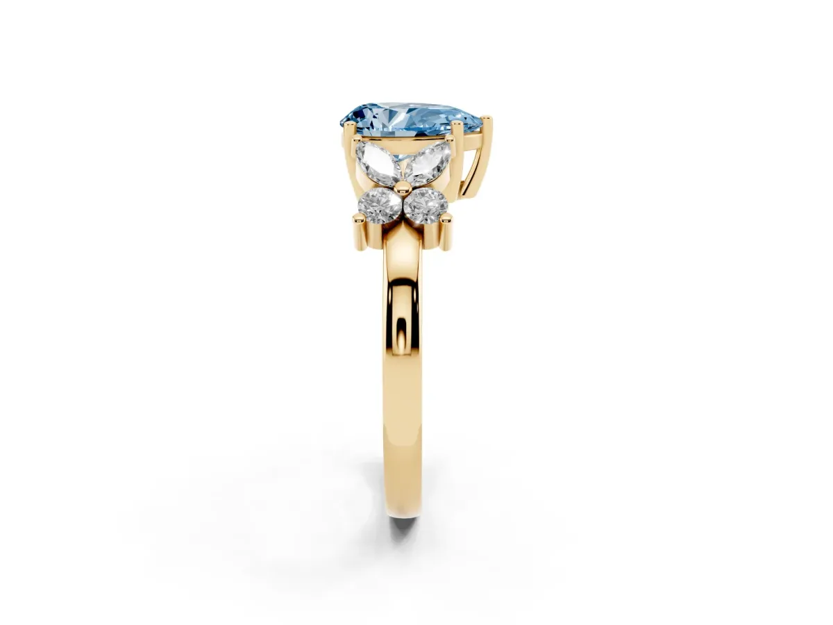 Fancy Blue Pear Cut Diamond Floral Cluster Ring with Solitaire Band and Prong Setting Yellow gold