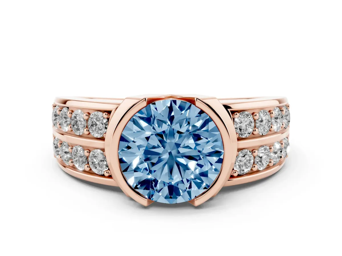 Fancy Blue Round Cut Brilliant Diamond Channel Set Wide Band Ring with Bezel Setting Rose gold