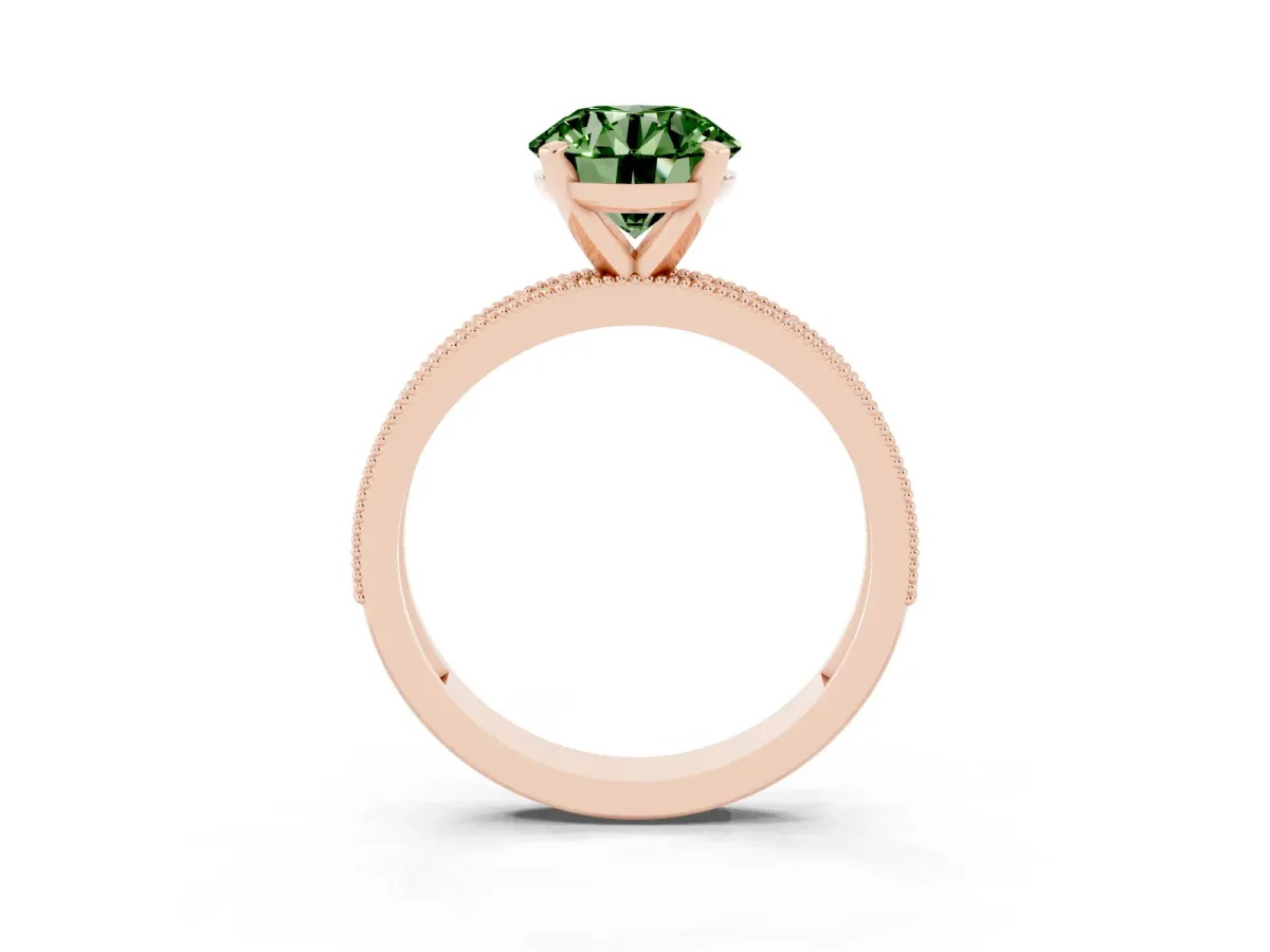 Fancy Green Round Cut Diamond Milgrain Pavé Engagement Ring with Four-Prong Setting Rose gold
