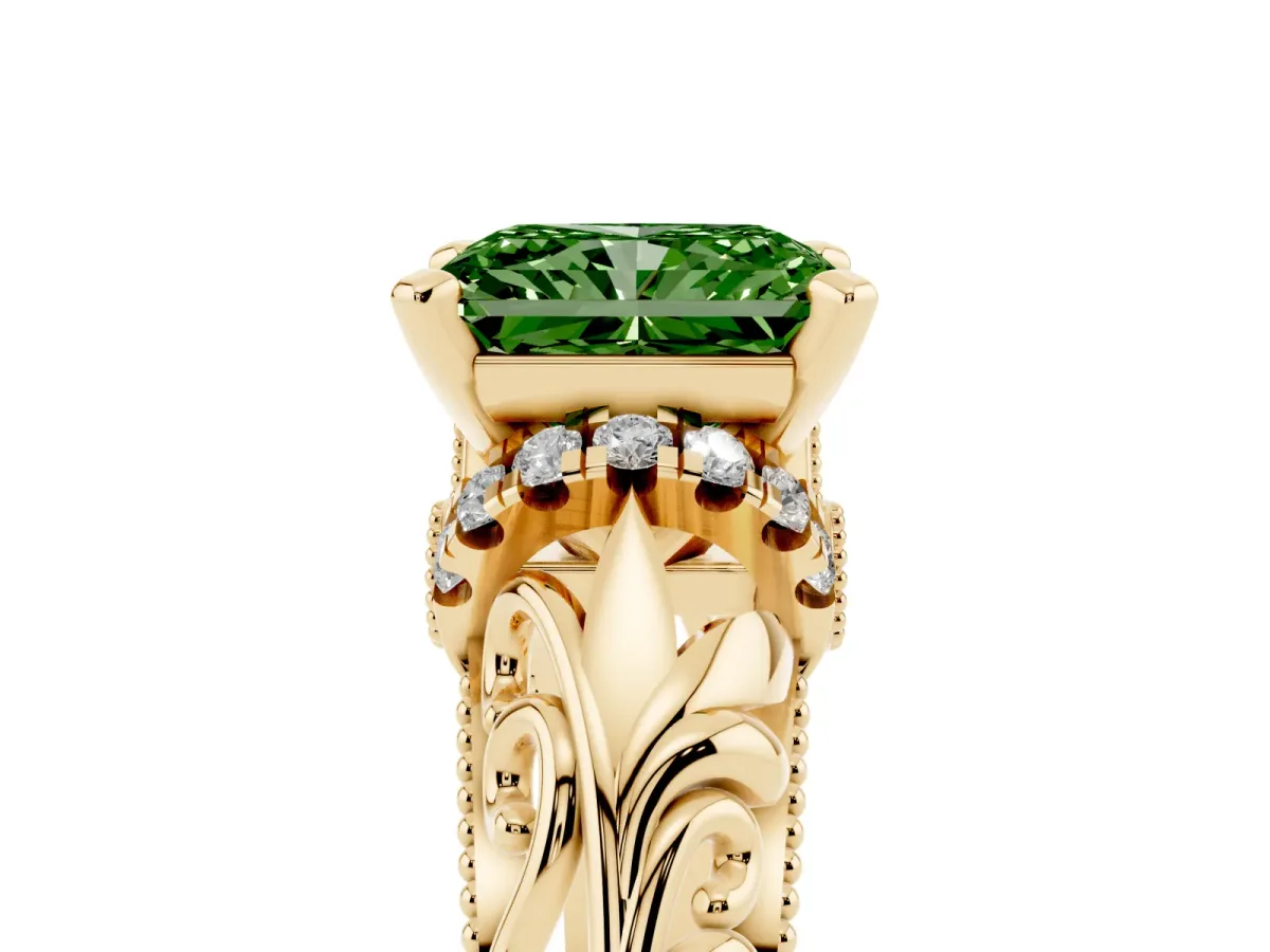 Fancy Green Radiant Cut Solitaire Filigree Engagement Ring with Halo and Prong Setting Yellow gold