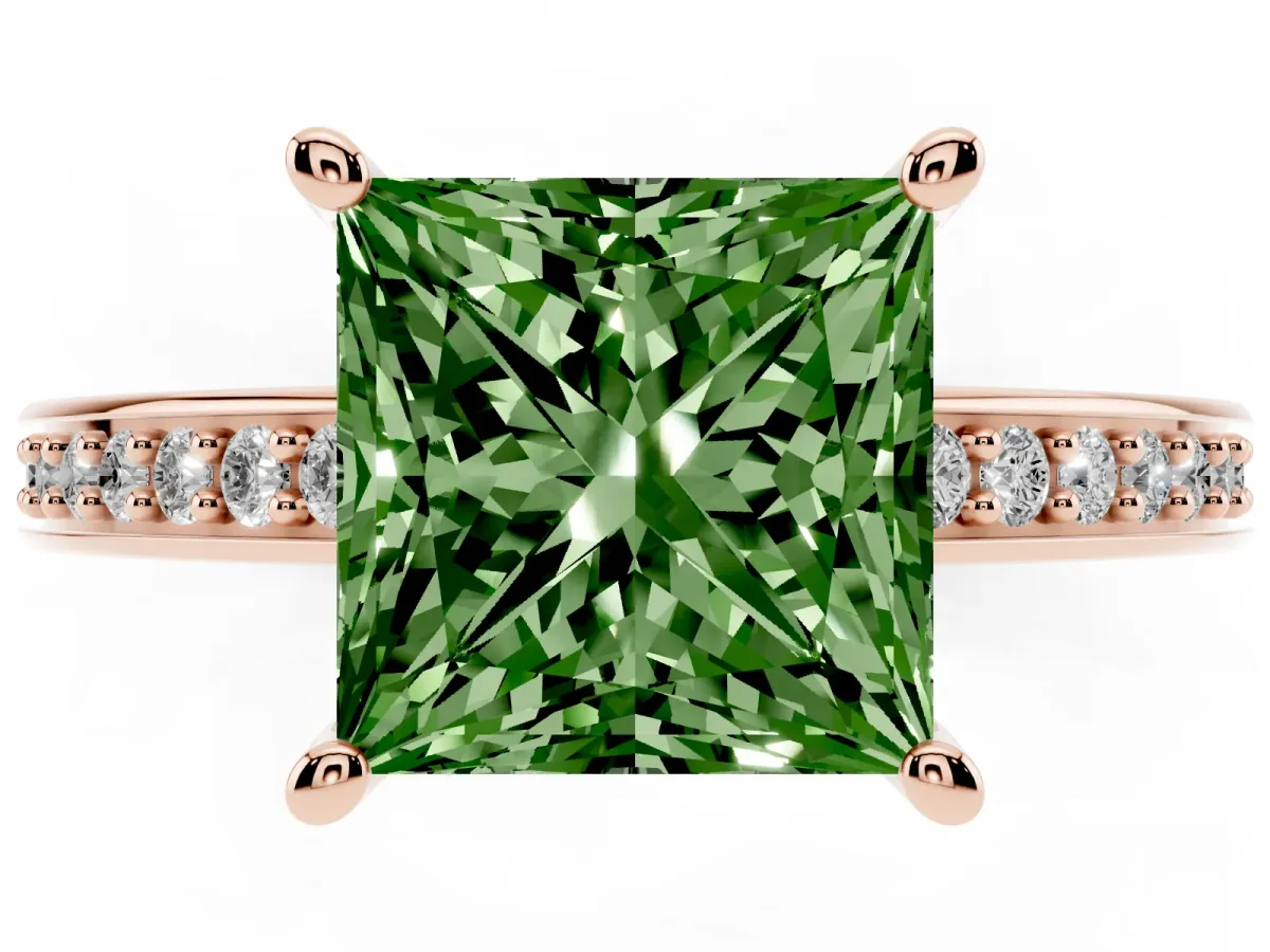 Fancy Green Princess Cut Solitaire Pavé Band Prong Setting Ring Rose gold