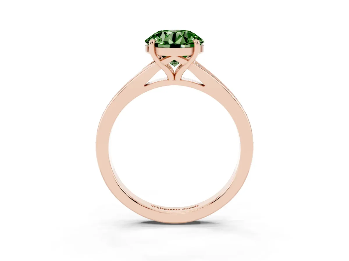 Fancy Green Round Cut Diamond Solitaire Ring with Pavé Band and Prong Setting Rose gold
