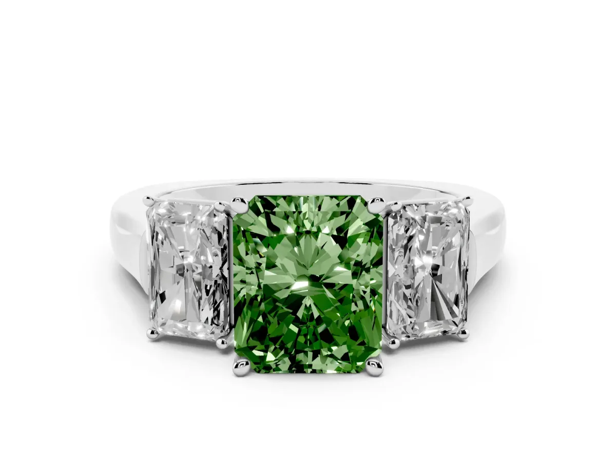 Fancy Green Three-Stone Radiant Cut Brilliant Diamond Trellis Ring with Comfort Fit Band Silver