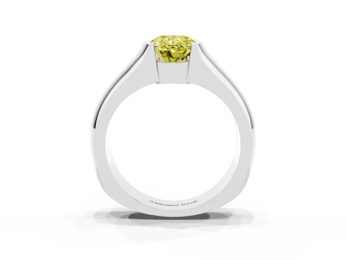 Fancy Yellow Oval Cut Solitaire Bezel Set Diamond Ring with Wide Band Platinum