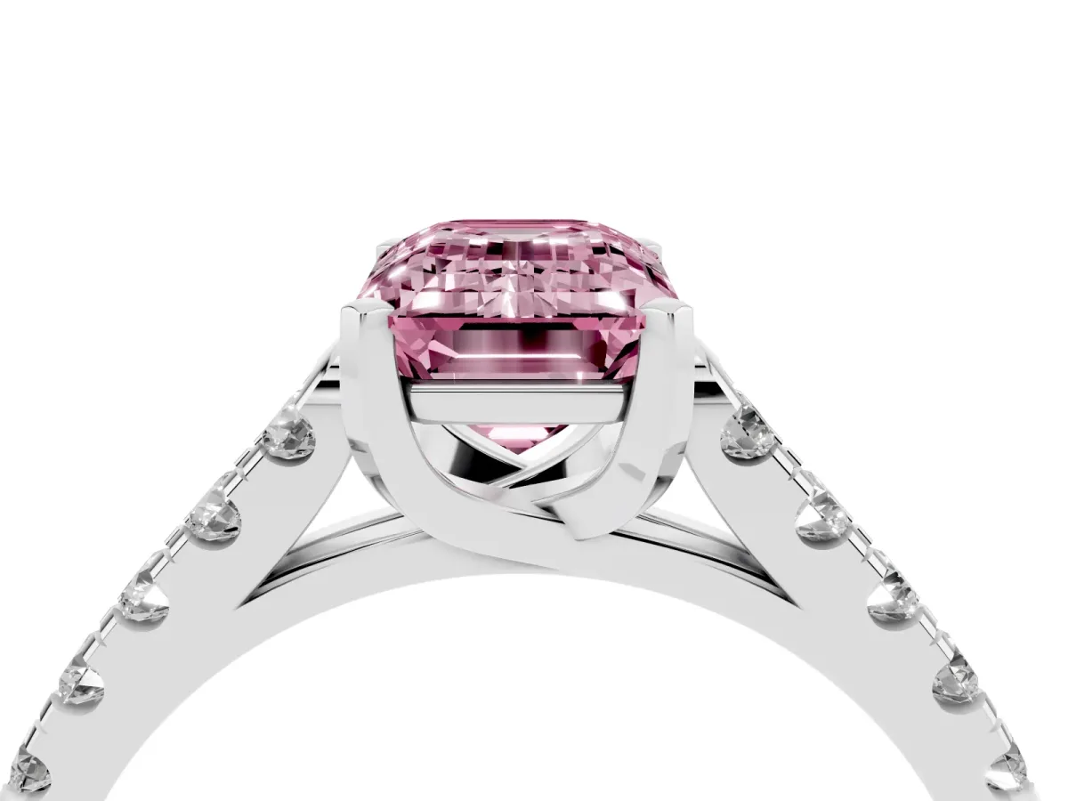 Fancy Pink Emerald Cut Diamond Pavé Band Solitaire Ring with Prong Setting Platinum