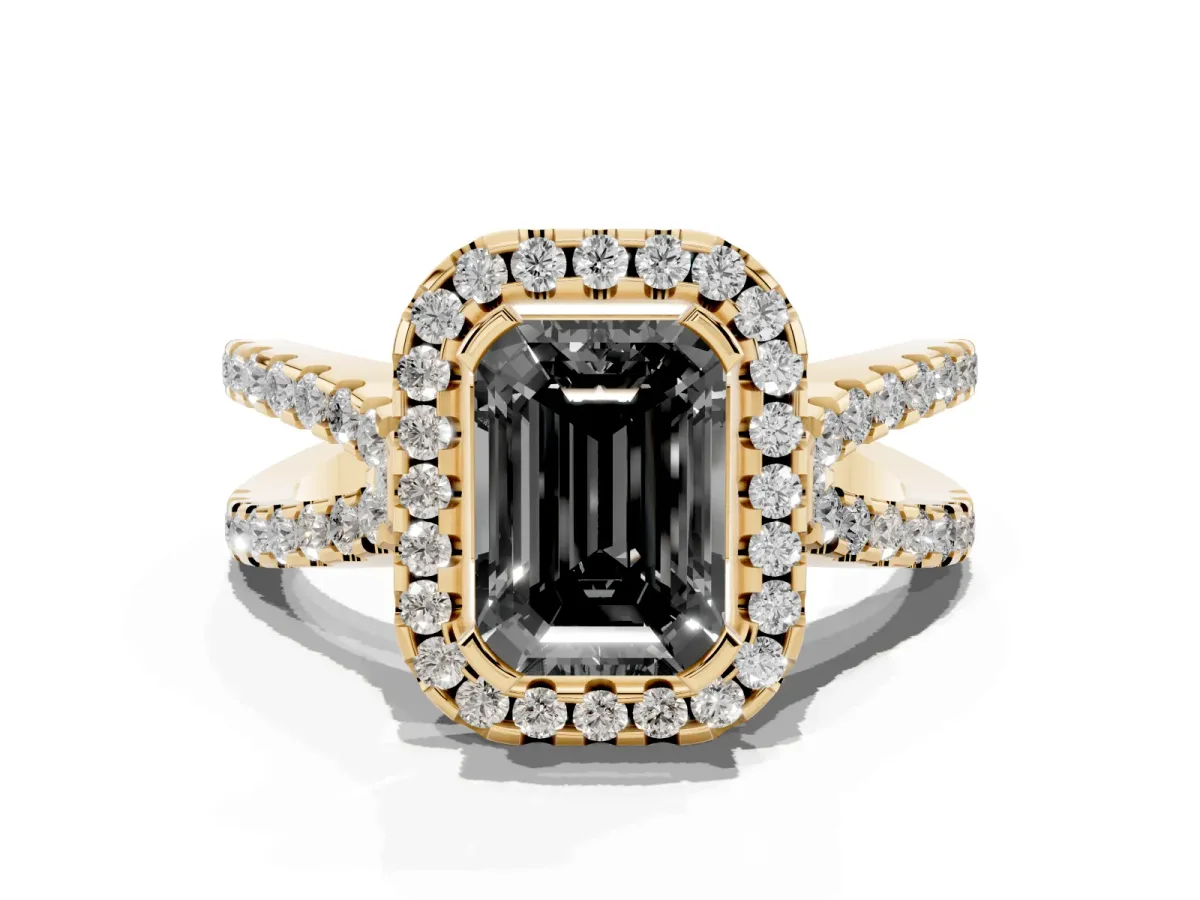 Fancy Black Emerald Cut Diamond Halo Ring with Split Shank Pavé Band and Prong Setting Yellow gold