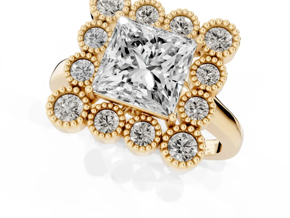 Princess Cut Halo Diamond Cluster Engagement Ring with Milgrain Bezel Setting and Solitaire Band Yellow gold