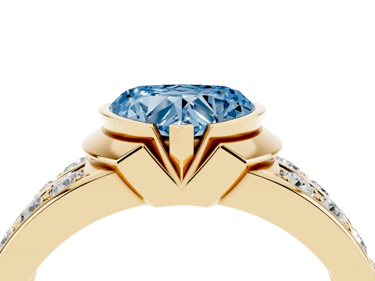 Fancy Blue Heart Cut Brilliant Diamond Channel Set Wide Band Ring with Bezel Setting Yellow gold