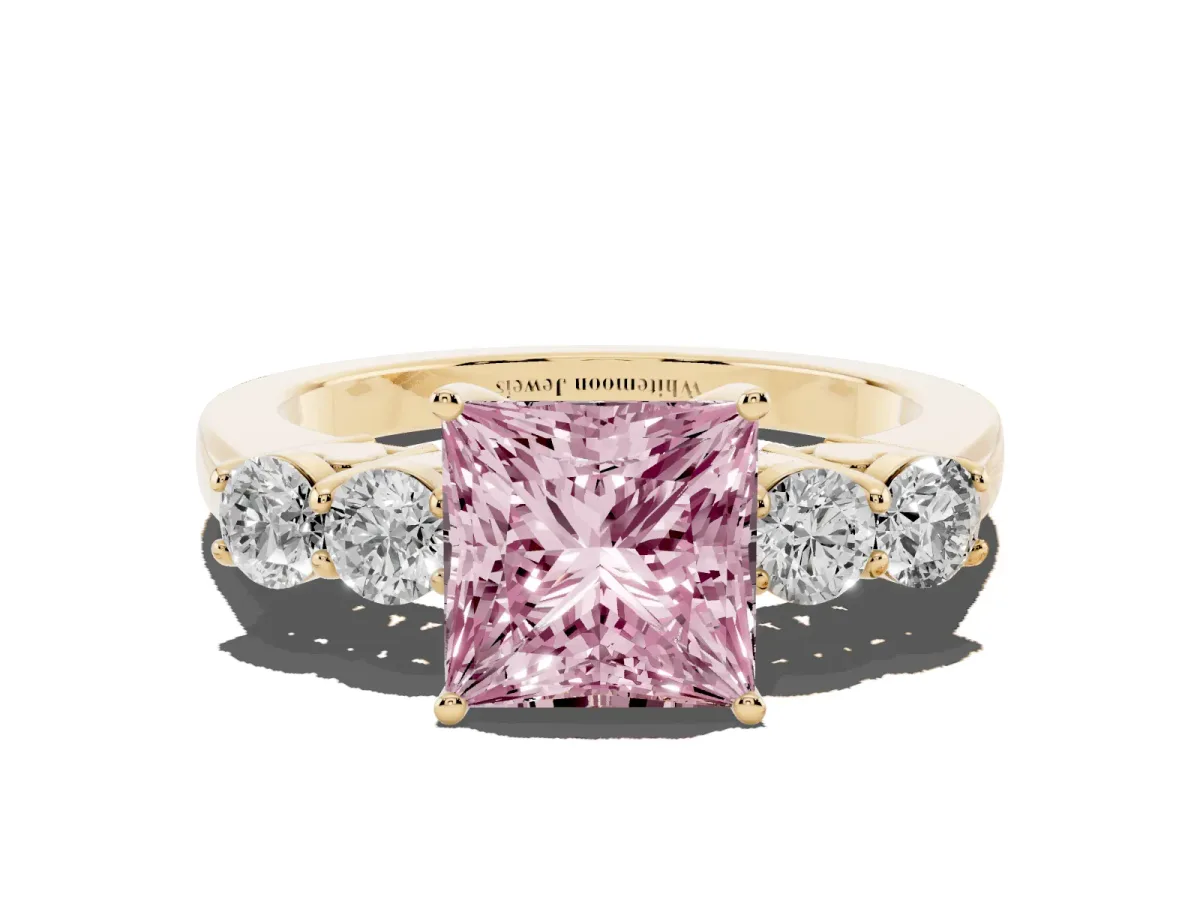 Fancy Pink Princess Cut Cut Diamond Five-Stone Prong Set White Gold Ring Yellow gold