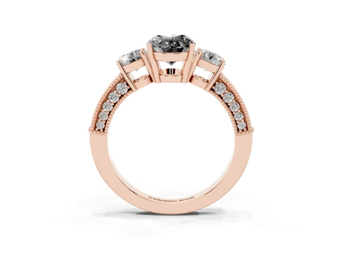 Fancy Black Oval Cut Three-Stone Diamond Ring with Pavé Band and Four-Prong Setting Rose gold