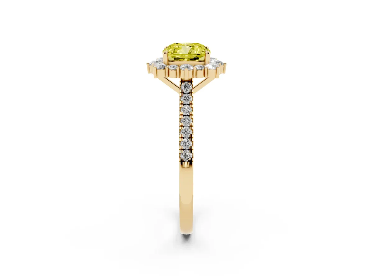 Fancy Yellow Cushion Cut Halo Diamond Ring with Pavé Band and Prong Setting Yellow gold