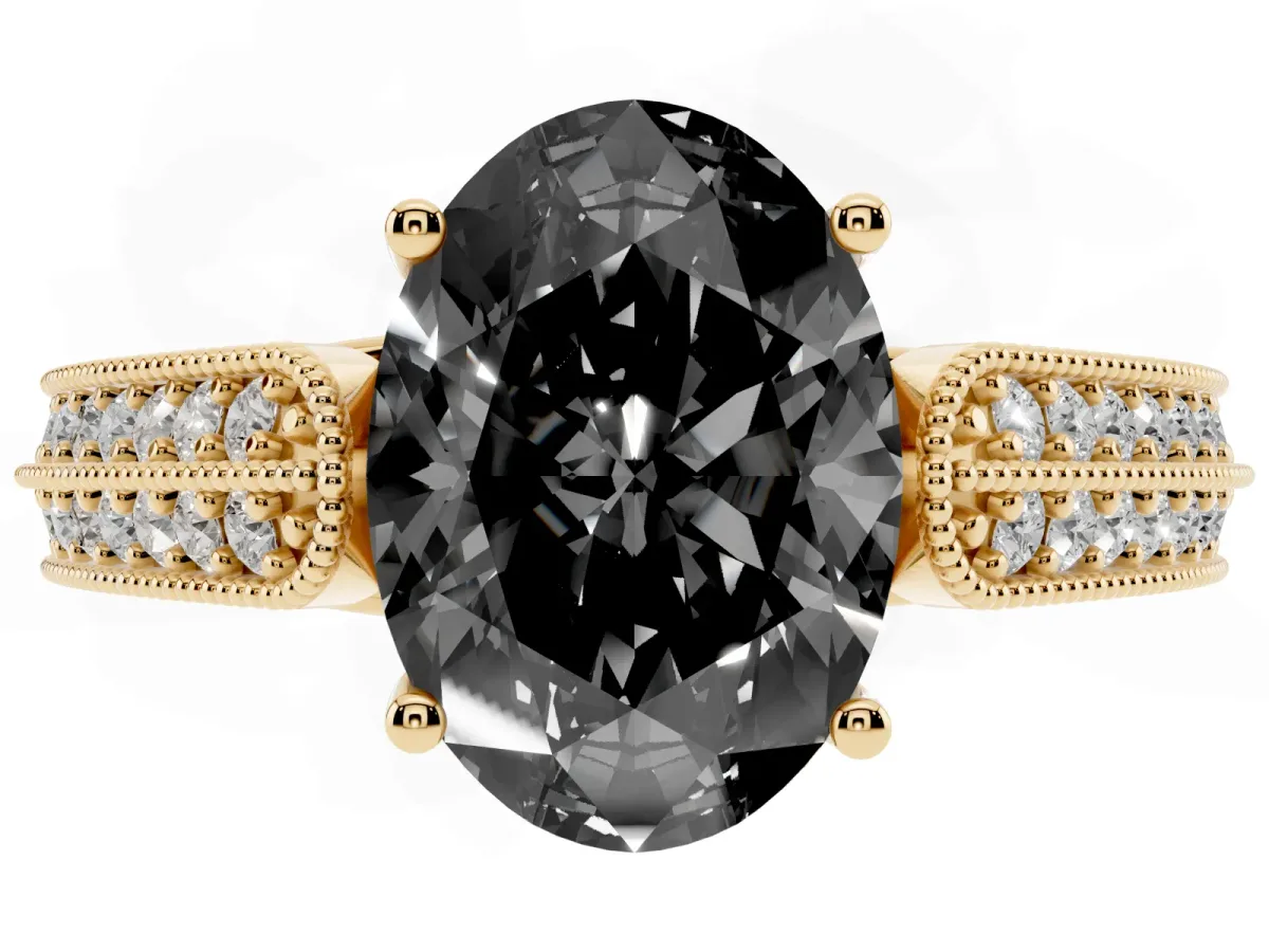 Fancy Black Oval Cut Cut Pave Split Shank Engagement Ring with Four-Prong Setting Yellow gold