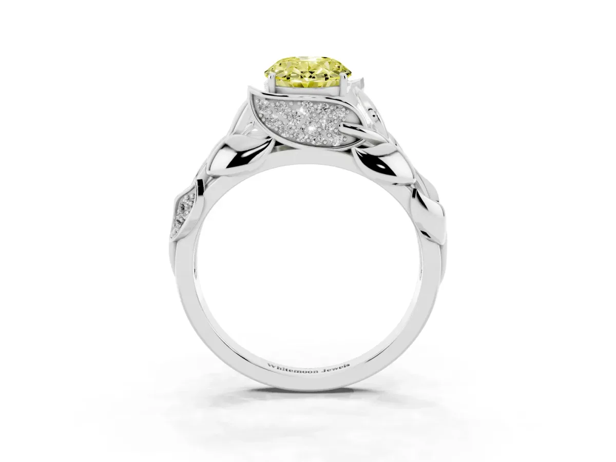 Fancy Yellow Oval Cut Diamond Leaf-Inspired Engagement Ring with Round Accents and Prong Setting White gold