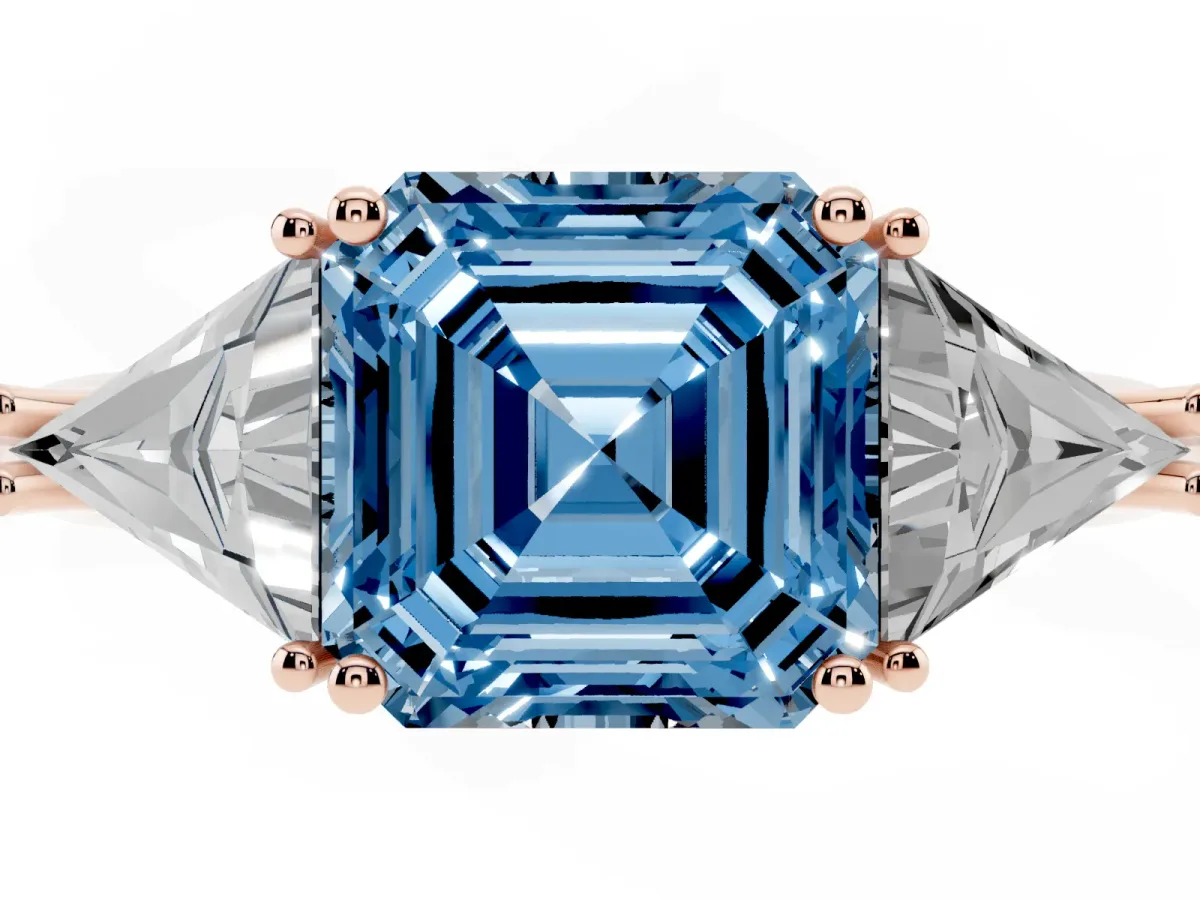 Fancy Blue Three-Stone Asscher Cut Diamond Engagement Ring with Trillion Side Stones and Prong Setting Rose gold