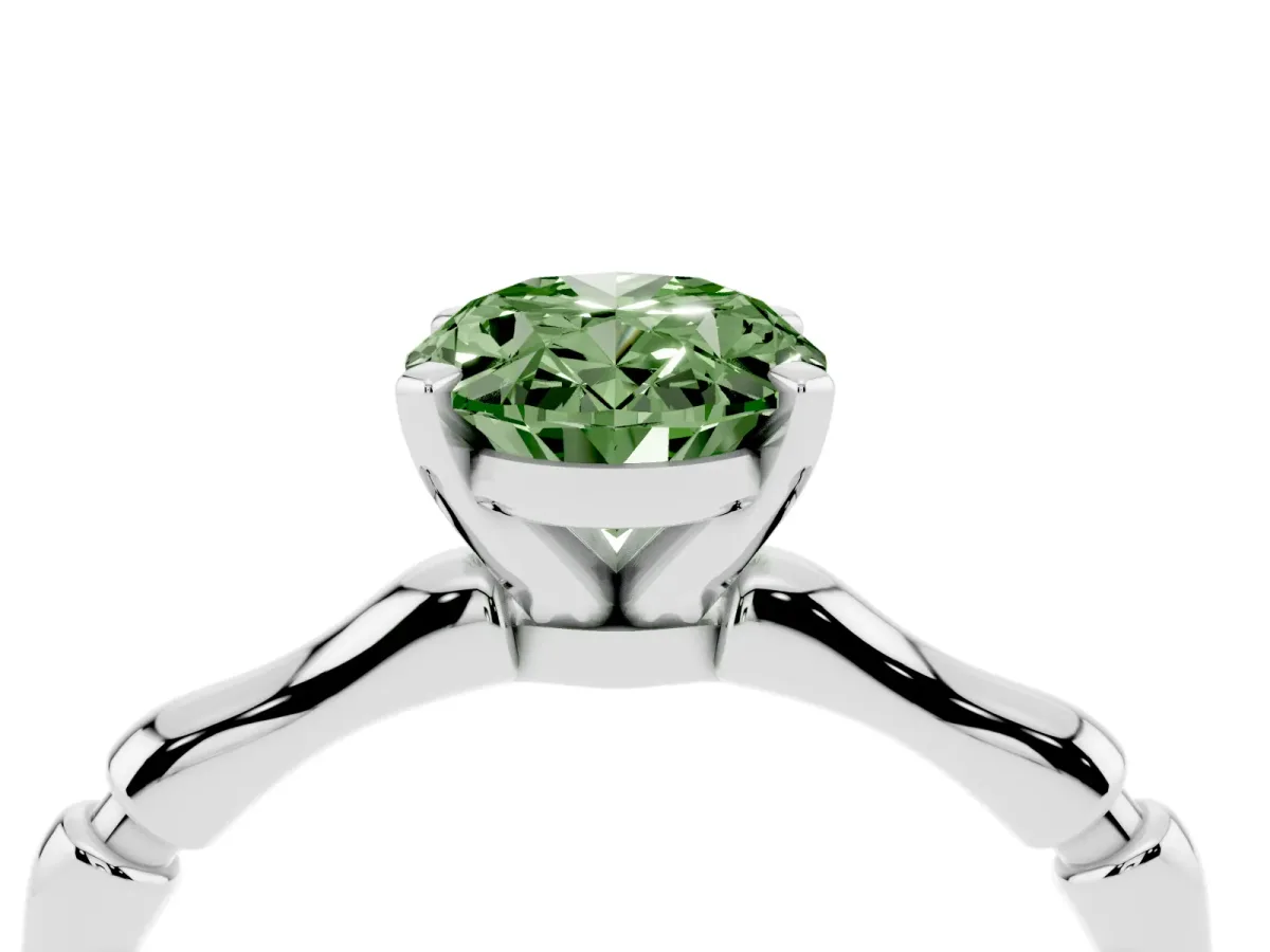 Fancy Green Oval Cut Solitaire Diamond Ring with Bamboo Band and Four-Prong Setting Silver