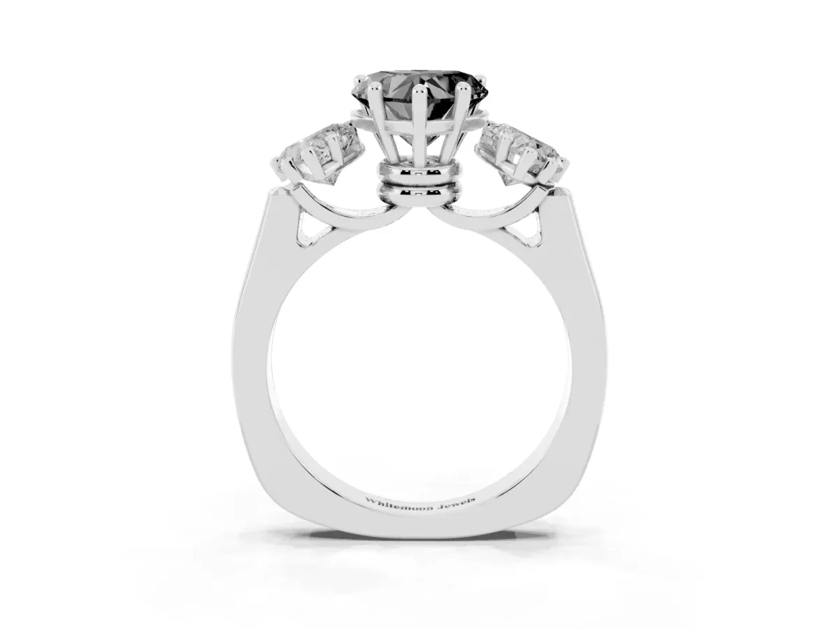 Fancy Black Three-Stone Heart Cut Brilliant Diamond Trellis Ring with Comfort Fit Band White gold