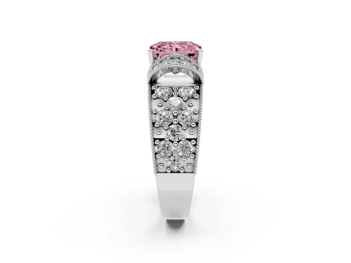 Fancy Pink Radiant Cut Halo Pave Diamond Engagement Ring with Milgrain Detailing White gold