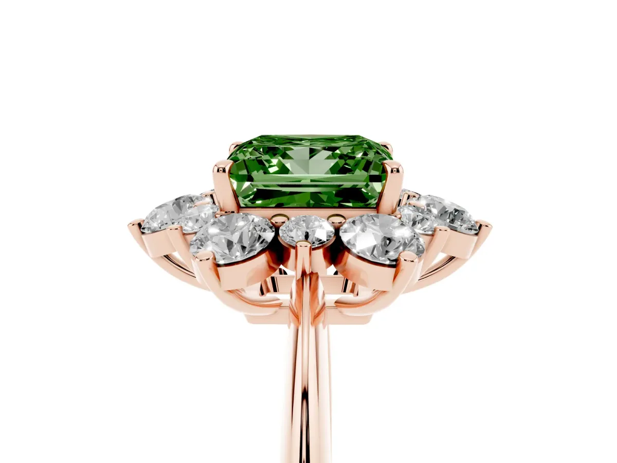 Fancy Green Princess Cut Diamond Cluster Halo Ring with Solitaire Band and Four-Prong Setting Rose gold