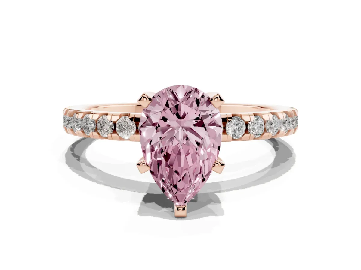 Fancy Pink Pear Cut Diamond Solitaire Ring with Round Pavé Band and Four-Prong Setting Rose gold