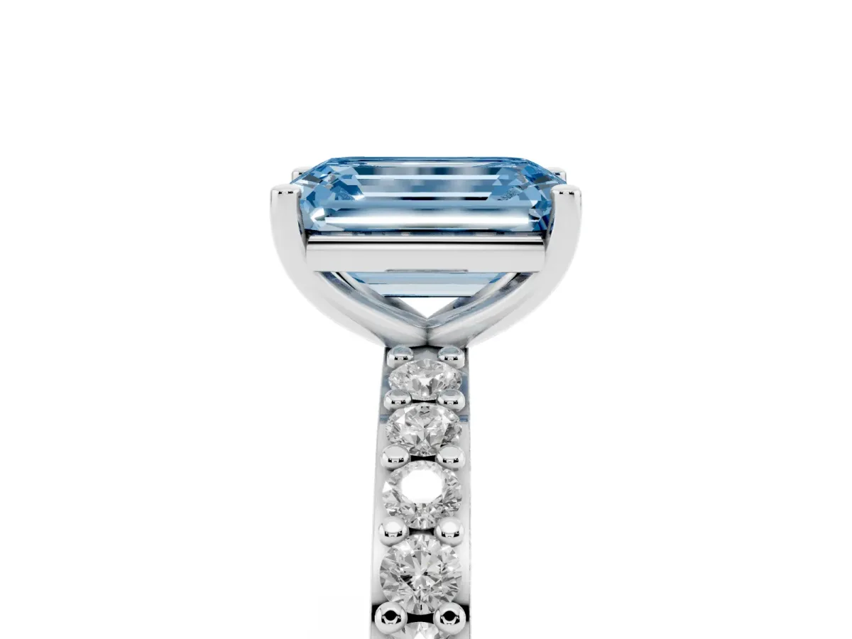 Fancy Blue Emerald Cut Cut Diamond Solitaire with Pave Band and Four-Prong Setting Silver