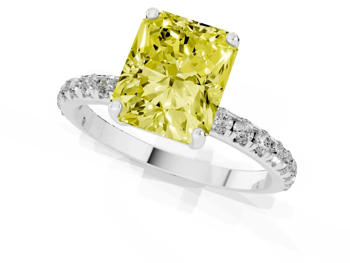 Fancy Yellow Radiant Cut Cut Diamond Solitaire Ring with Micro Pave Band and Four Prong Setting Silver