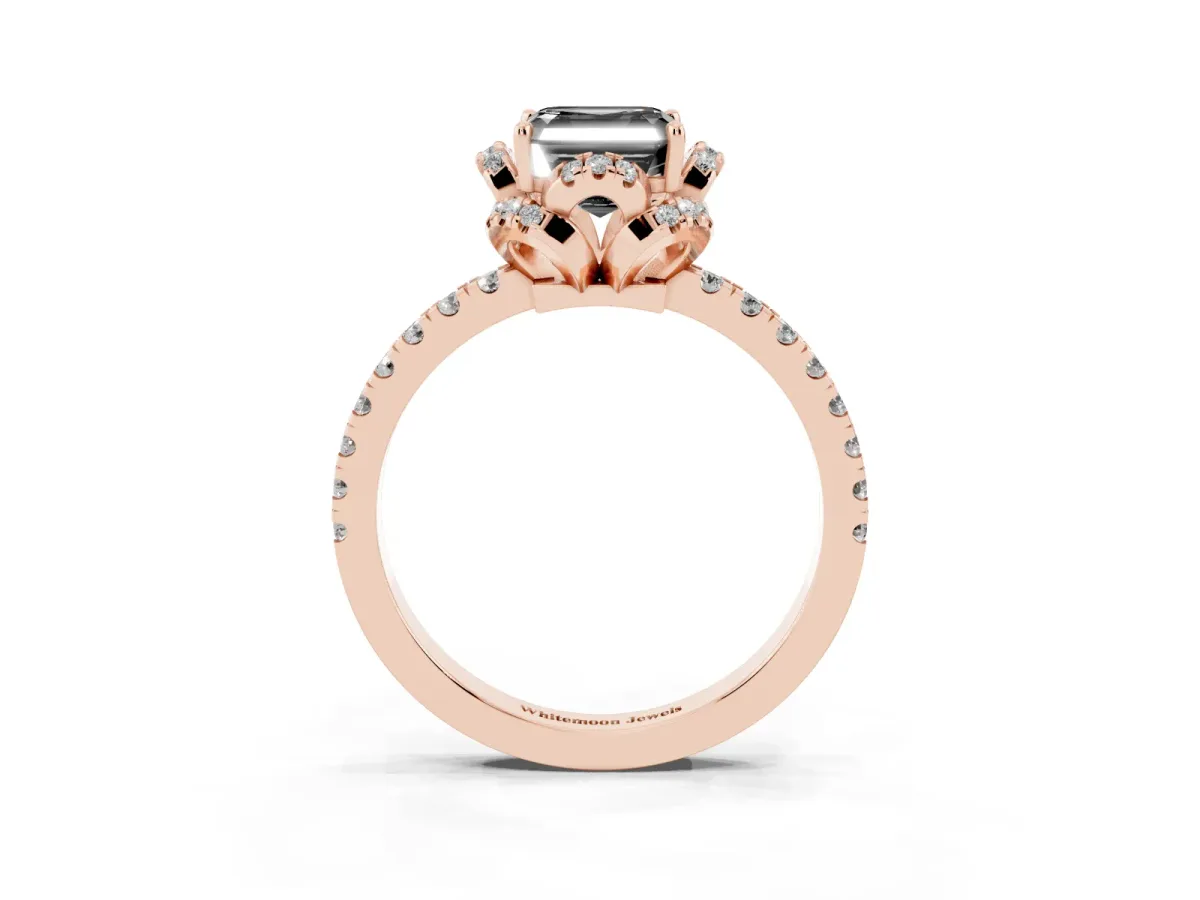 Fancy Black Asscher Cut Diamond Halo Pave Band with Four-Prong Setting Rose gold