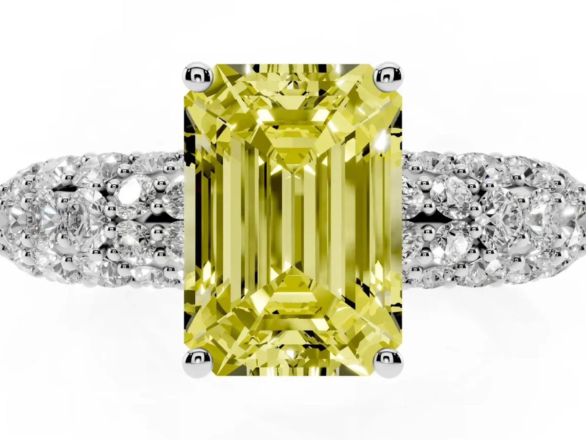 Fancy Yellow Emerald Cut Diamond Pavé Band Solitaire Ring with Four-Prong Setting White gold