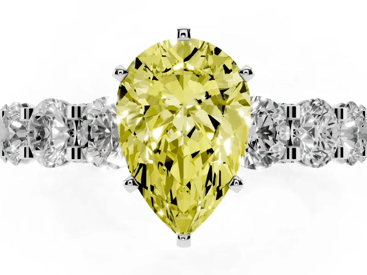 Fancy Yellow Pear Cut Diamond Side Stone Engagement Ring with Four-Prong Setting White gold