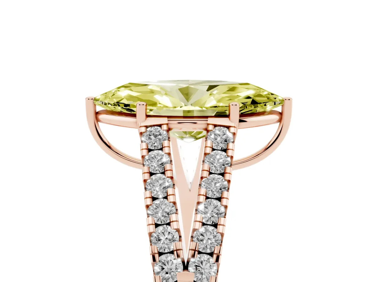 Fancy Yellow Marquise Cut Diamond Split Shank Engagement Ring with Round Pavé and Prong Setting Rose gold