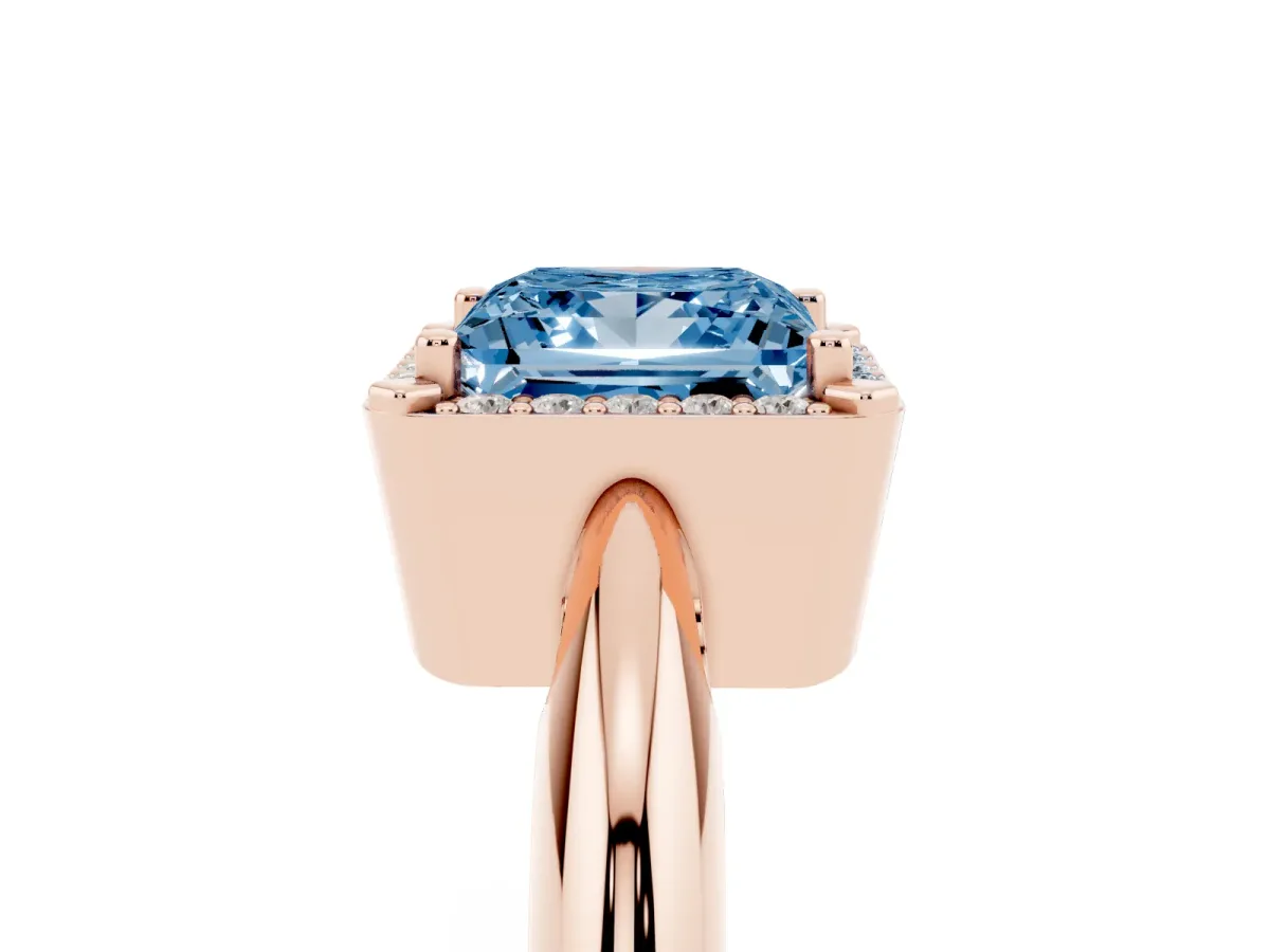 Fancy Blue Princess Cut Cut Diamond Halo Engagement Ring with Split Shank and Four-Prong Setting Rose gold