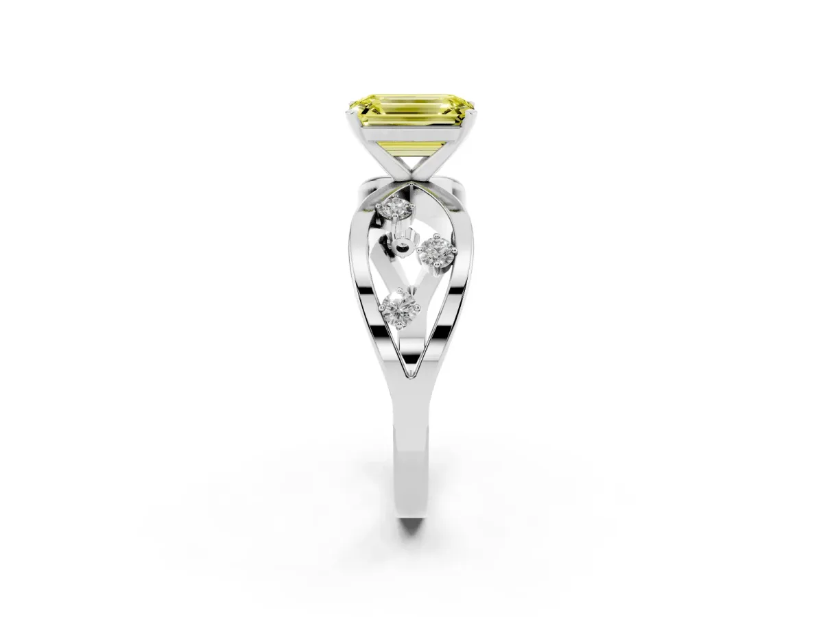 Fancy Yellow Emerald Cut Cut Solitaire Diamond with Side Stones on Criss-Cross Band and Four-Prong Setting Silver