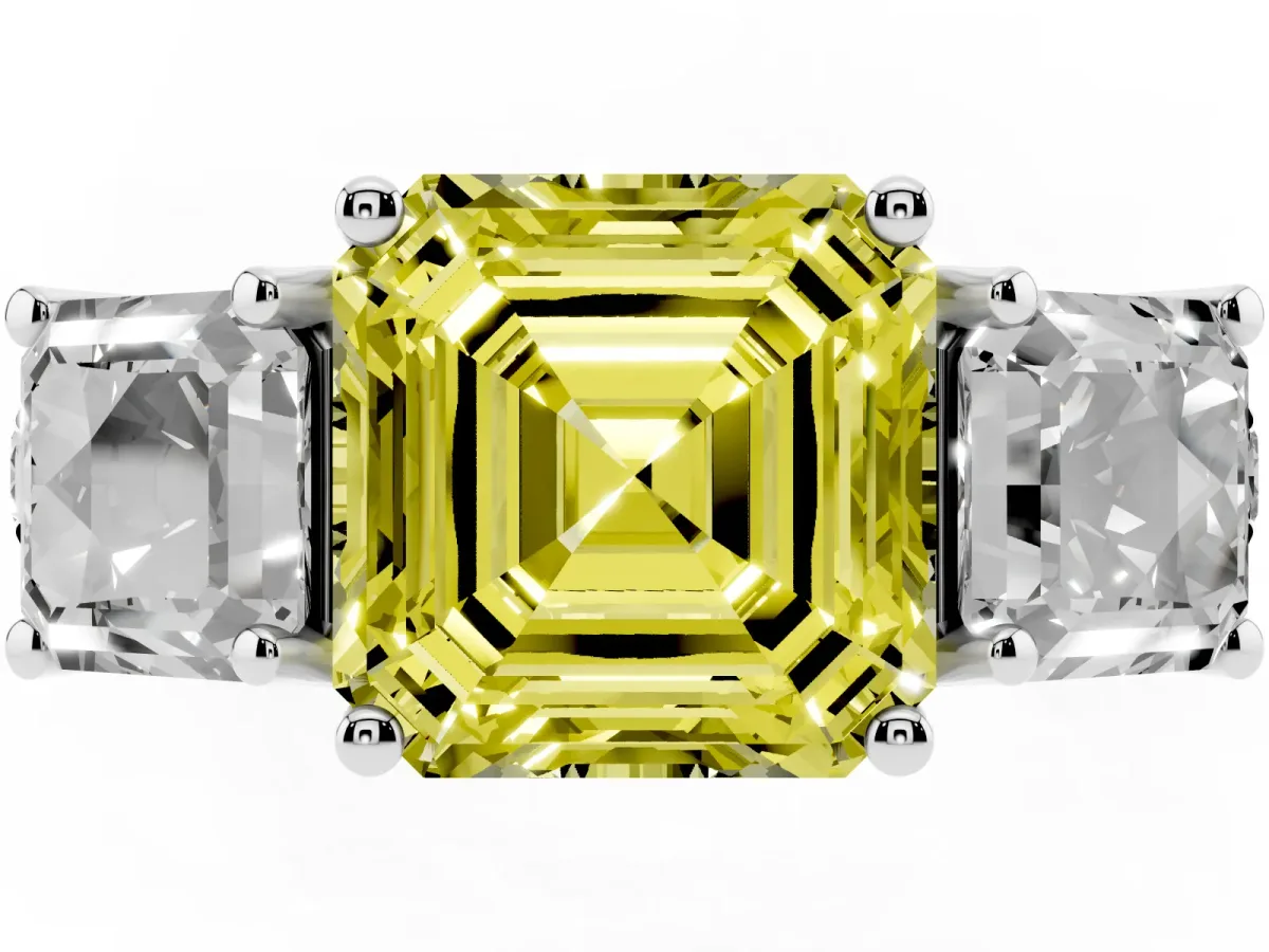 Fancy Yellow Three-Stone Asscher Cut Diamond Pavé Band with Prong Setting Platinum