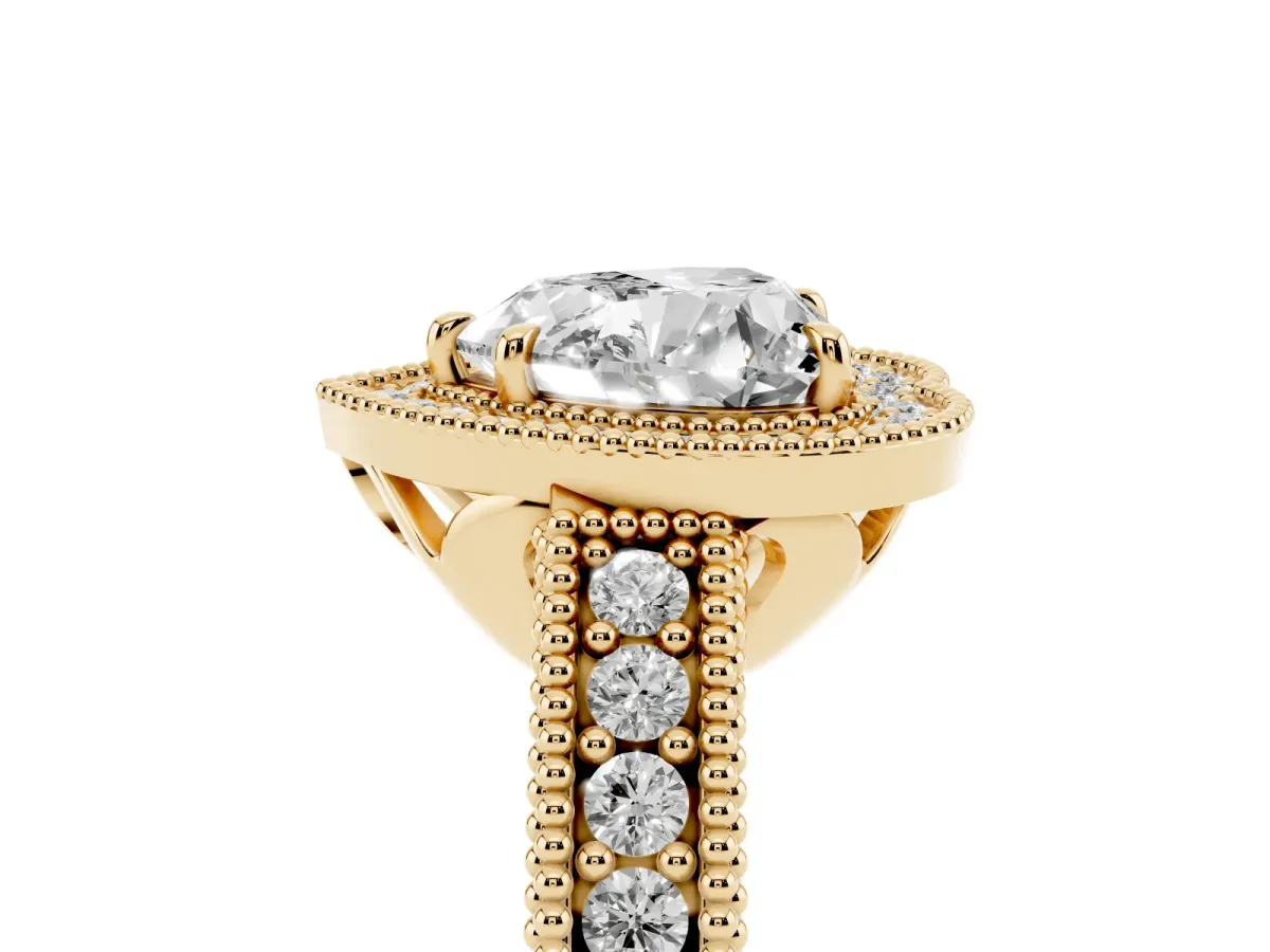 Heart Cut Cut Halo Diamond Ring with Pavé Band and Four-Prong Setting Yellow gold