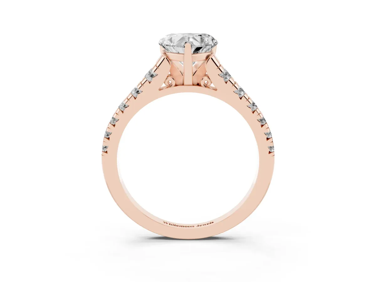 Heart Cut Diamond Cathedral Solitaire Ring with Round Pavé Band Rose gold