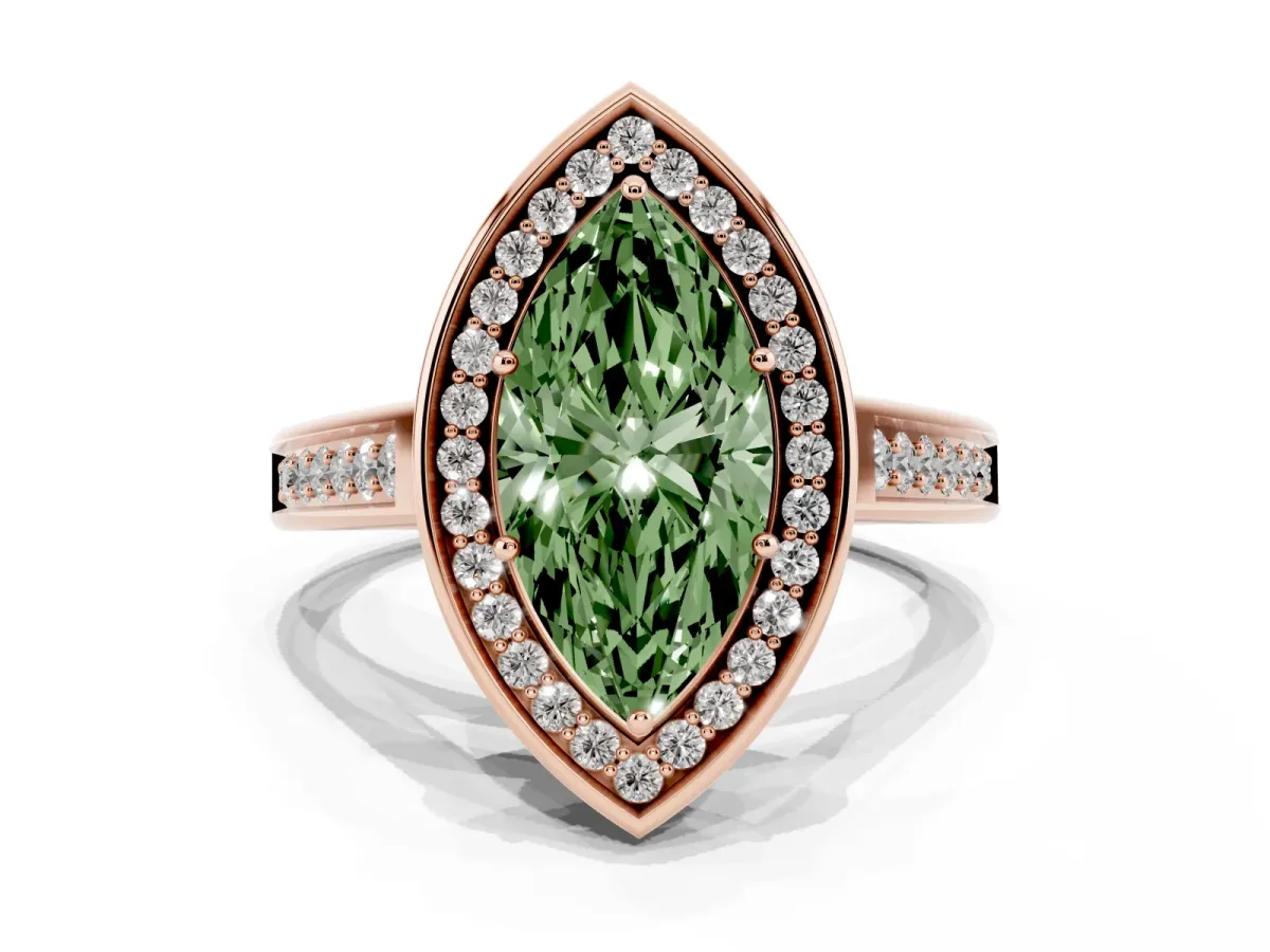 Fancy Green Marquise Cut Halo Solitaire Diamond Ring with Pave Band and Bezel Setting Rose gold