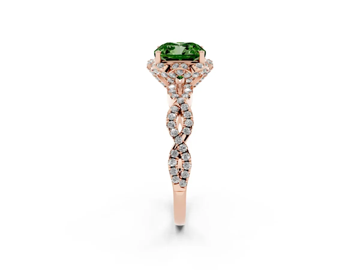 Fancy Green Cushion Cut Halo Twist Band Solitaire Ring with Six-Prong Setting Rose gold