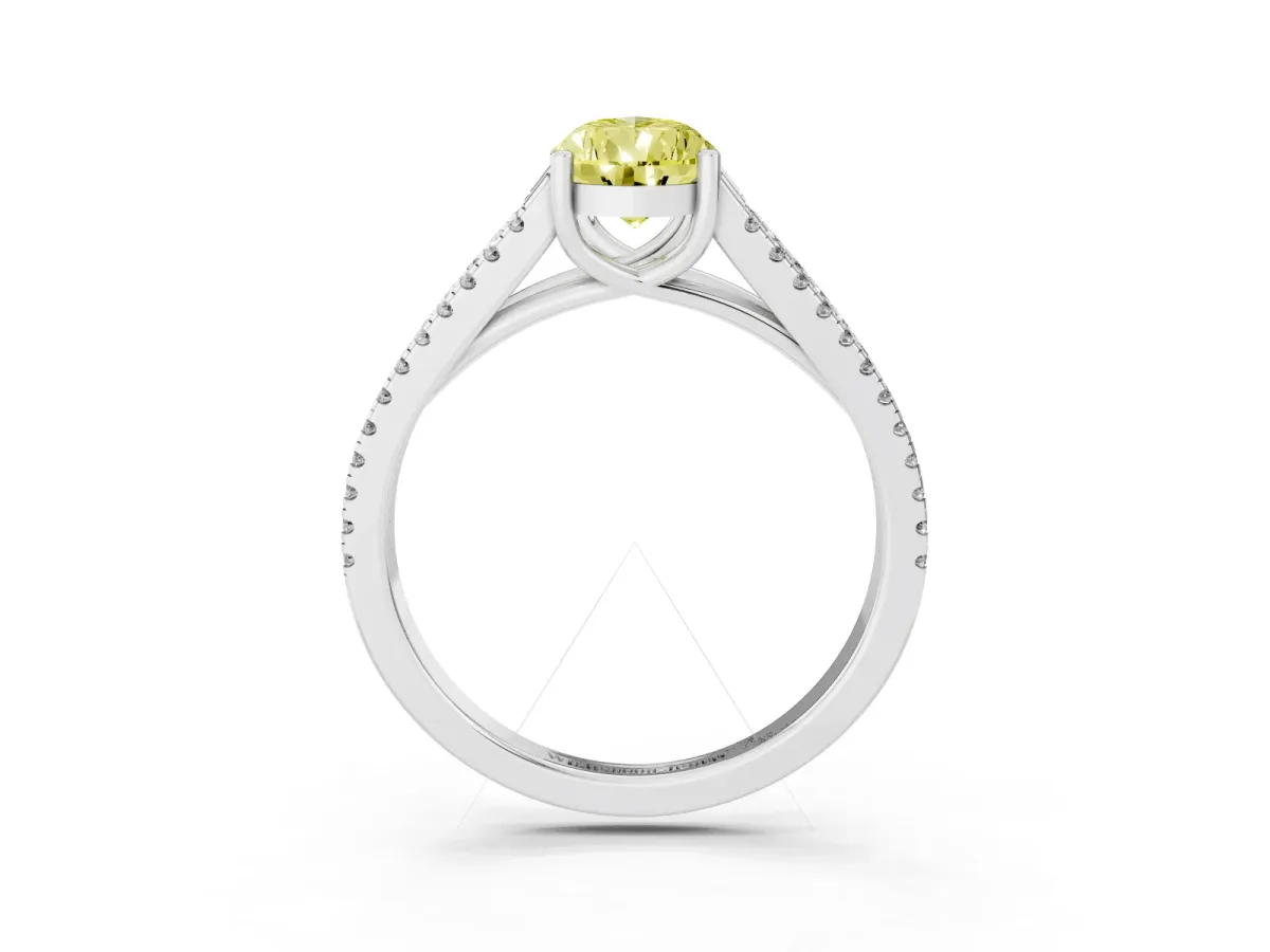 Fancy Yellow Pear Cut Diamond Solitaire Engagement Ring with Split Shank Pavé Band Platinum