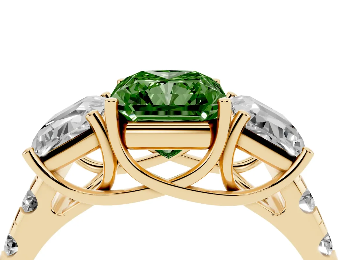 Fancy Green Three-Stone Radiant Cut Diamond Pavé Band with Prong Setting Yellow gold