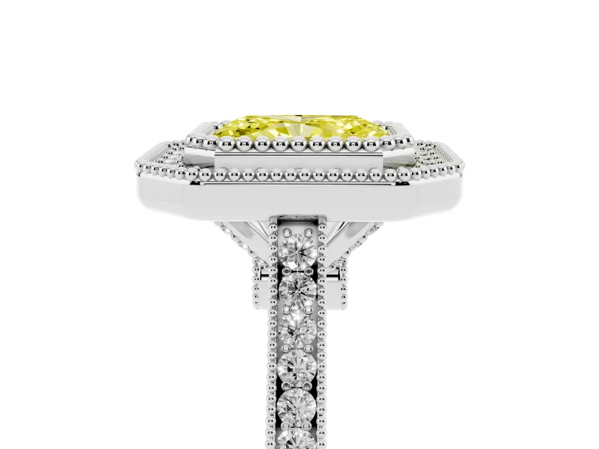 Fancy Yellow Radiant Cut Diamond Halo Ring with Milgrain Frame and Pavé Band White gold