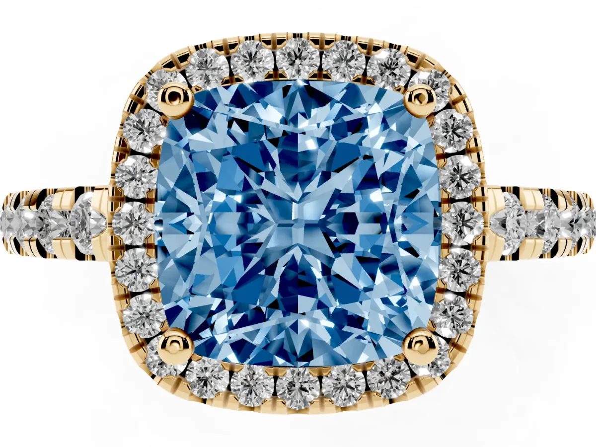 Fancy Blue Cushion Cut Diamond Halo Ring with Pavé Band and Four-Prong Setting Yellow gold