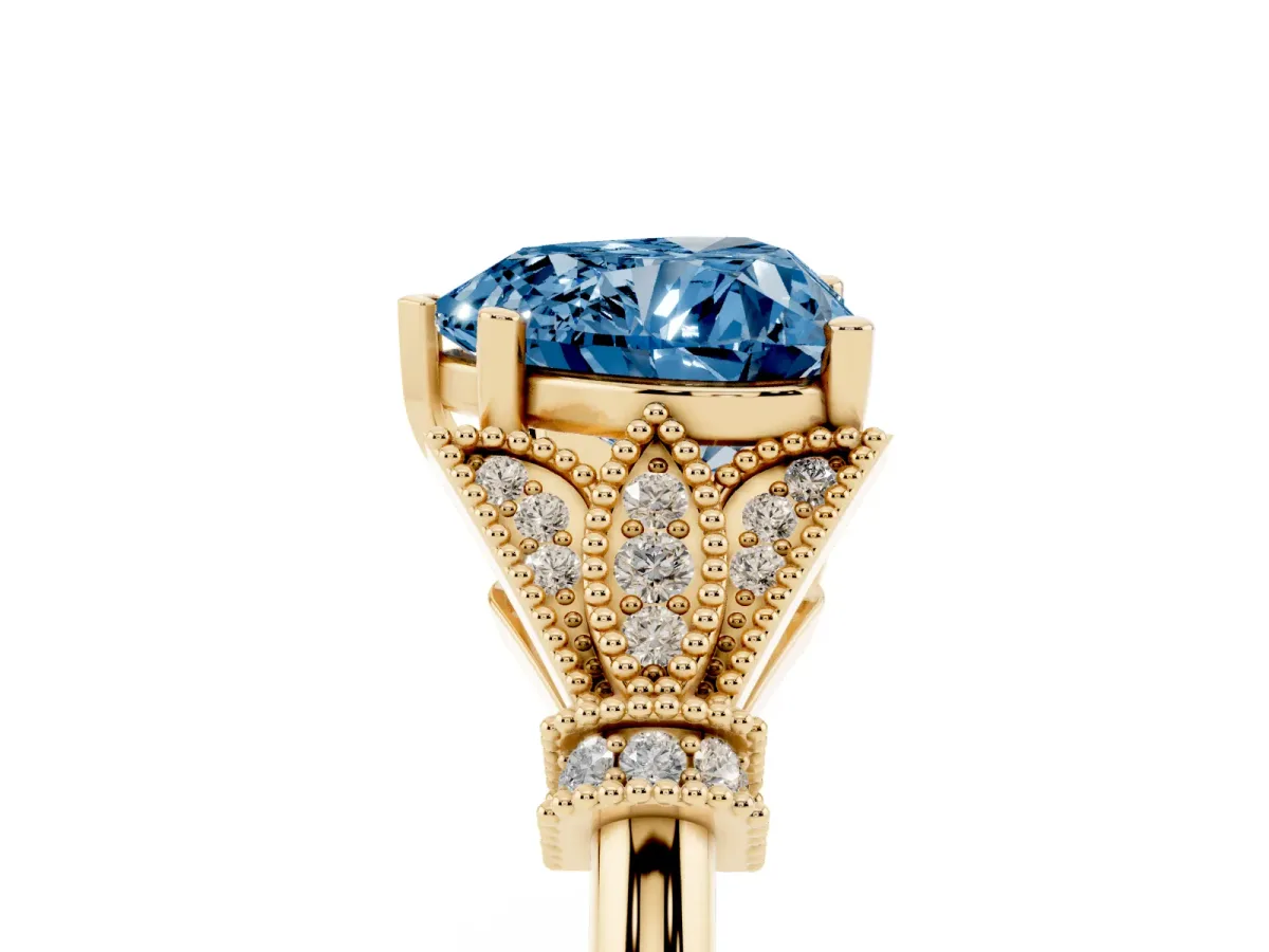 Fancy Blue Heart Cut Diamond Solitaire Ring with Floral Filigree and Pave Accents Yellow gold