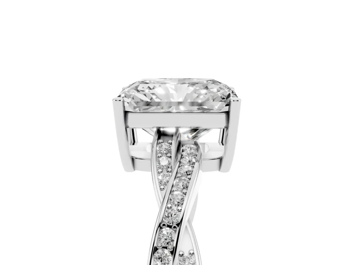 Radiant Cut Solitaire Twisted Pave Diamond Ring with Four-Prong Setting White gold