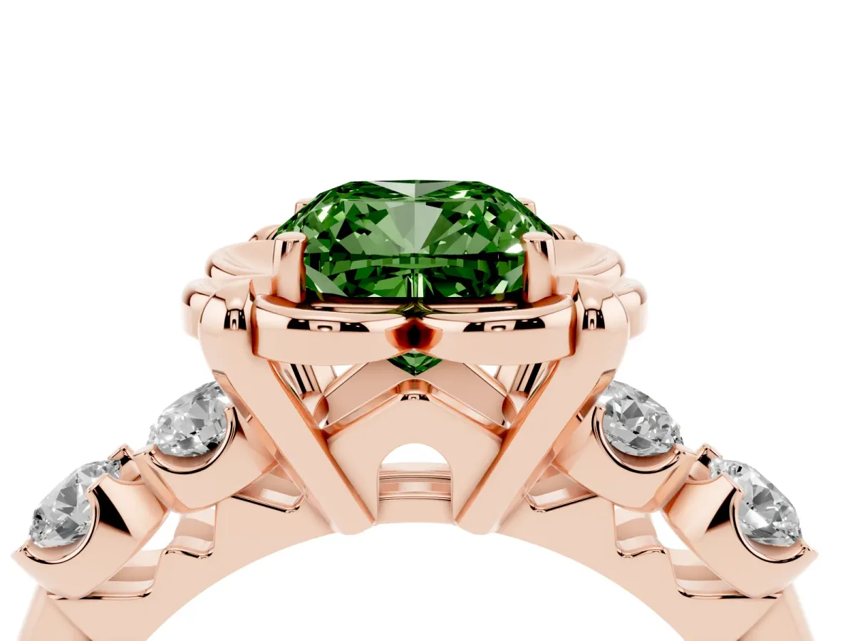 Fancy Green Cushion Cut Cut Diamond Floral Halo Engagement Ring with Shared Prong Setting Rose gold