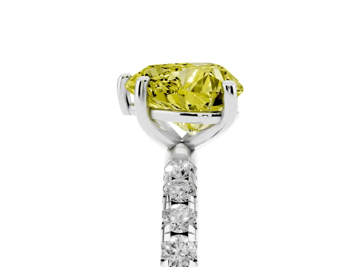 Fancy Yellow Heart Cut Cut Diamond Solitaire Ring with Micro Pave Band and Four Prong Setting Silver