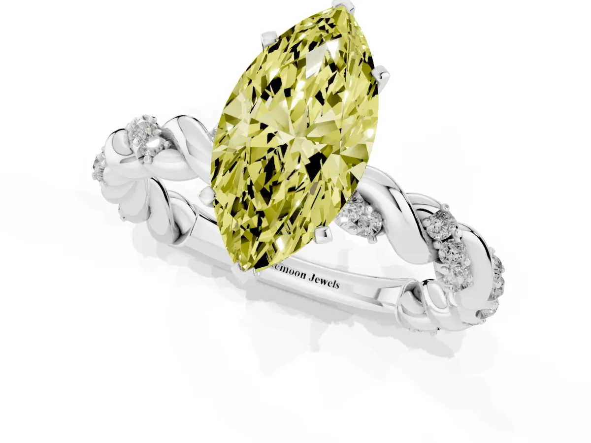 Fancy Yellow Marquise Cut Diamond Solitaire Ring with Twisted Band and Pavé Accents Platinum